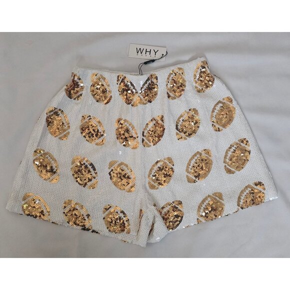 WHY DRESS White & Gold Sequin Football-Shaped Embellished Shorts Size Small, NWT - Picture 2 of 9